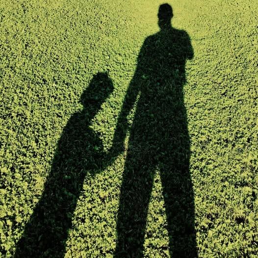 Schaduw van een vader en zijn zoon die hand in hand op het gras staan